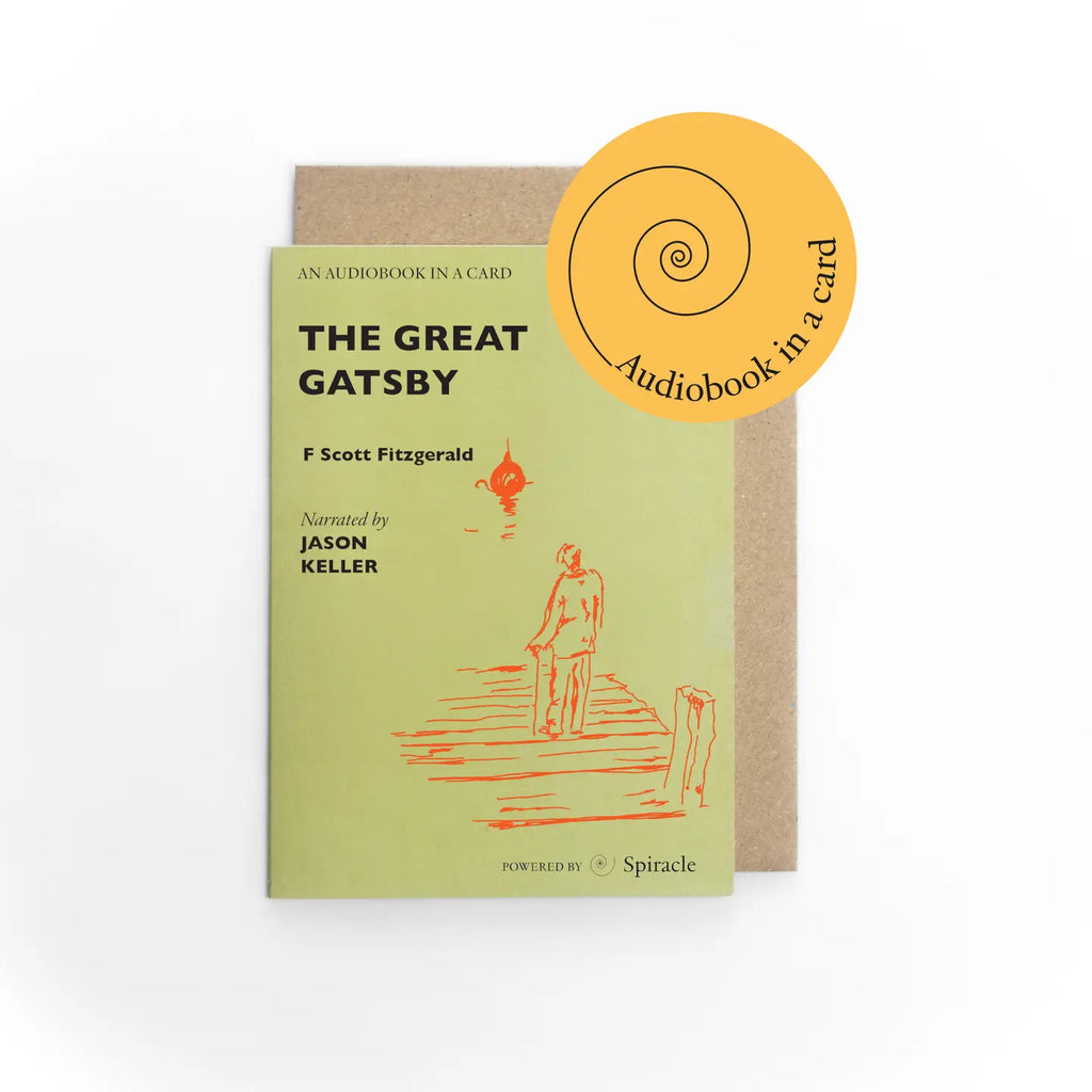 Audiobook packaging for 'The Great Gatsby' by F. Scott Fitzgerald with a yellow label on a white background.