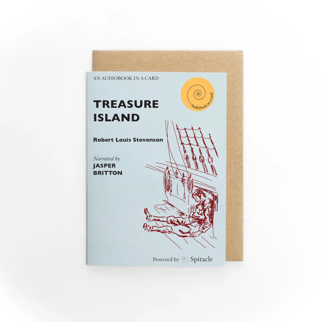 Card with 'Treasure Island' audiobook cover design on a white background