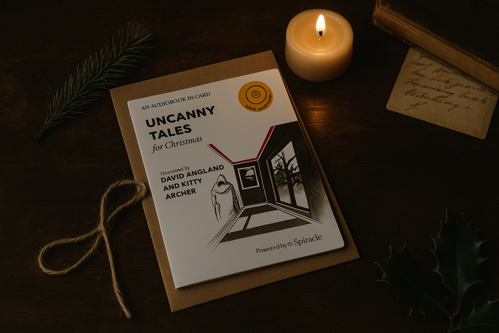 Book titled 'Uncanny Tales for Christmas' with a candle and decorative elements on a dark surface