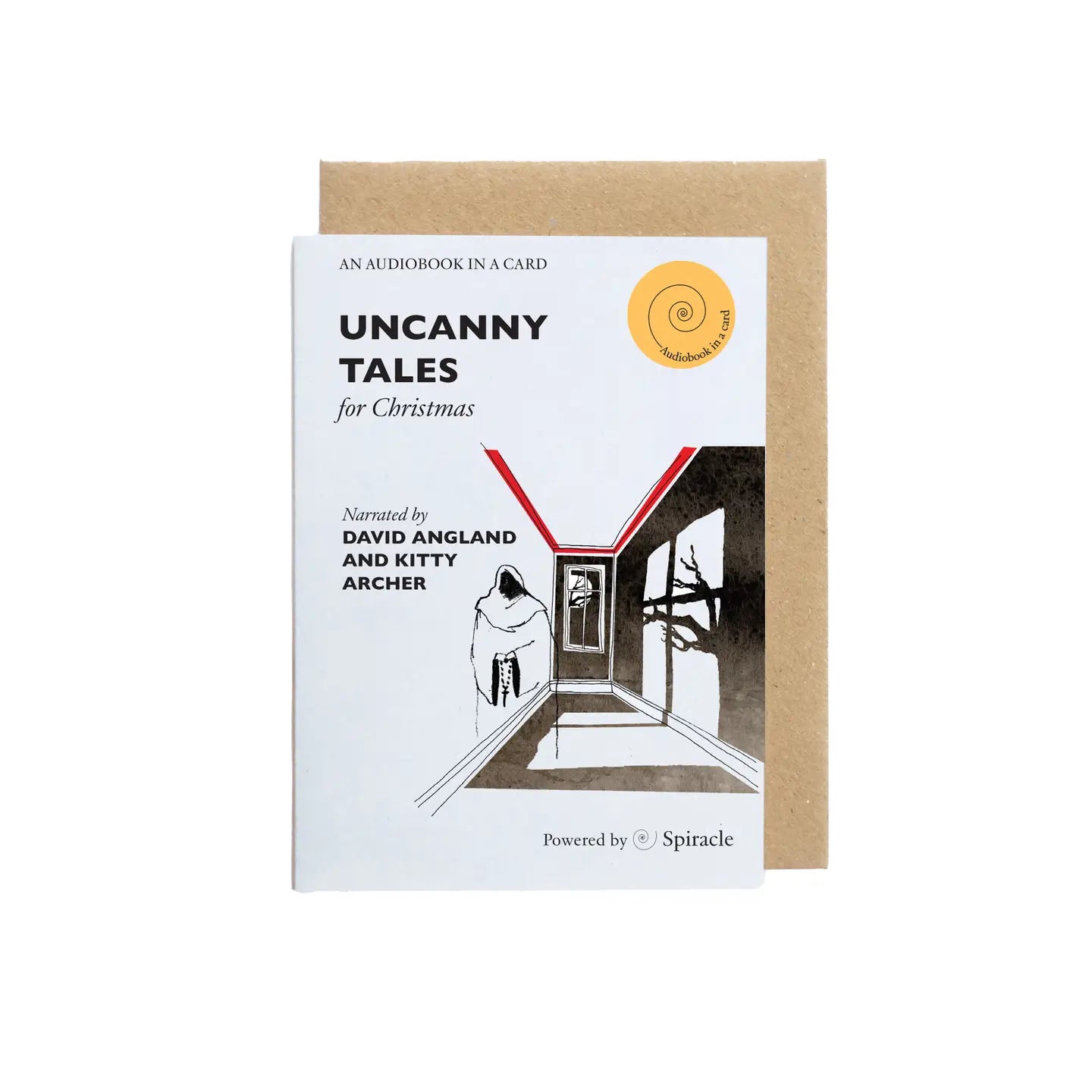 Card with 'Uncanny Tales for Christmas' audiobook information on a white background