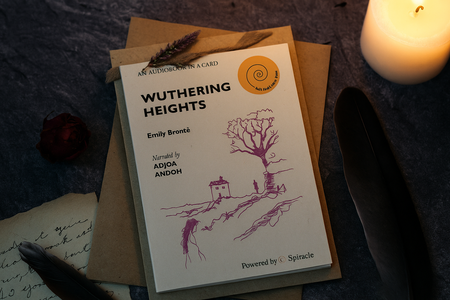 Book titled 'Wuthering Heights' by Emily Bronté with a candle and envelope on a dark surface