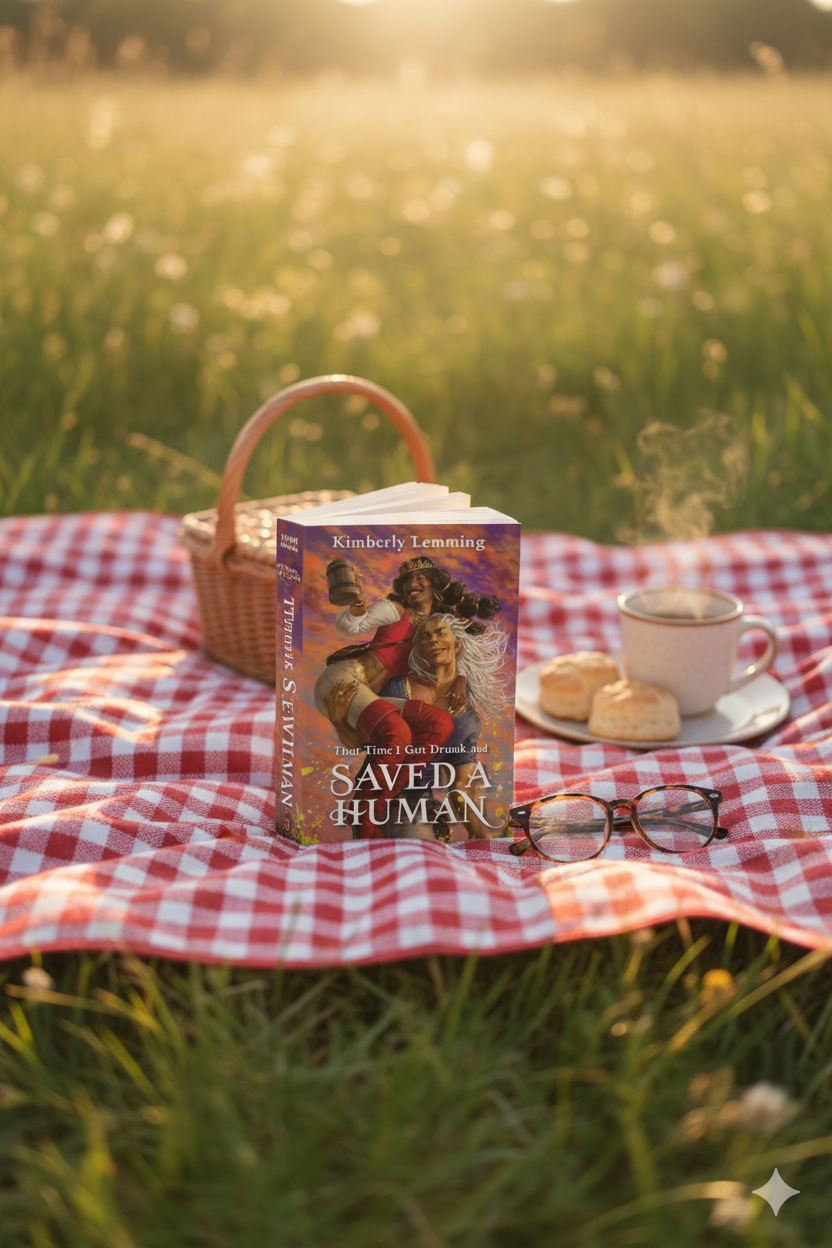 Book titled 'Saved a Human' on a picnic blanket with a basket, coffee, and cookies in a grassy field.