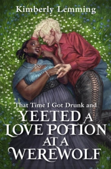 Book cover with two people in a romantic embrace surrounded by flowers, with text about a love potion and werewolf.