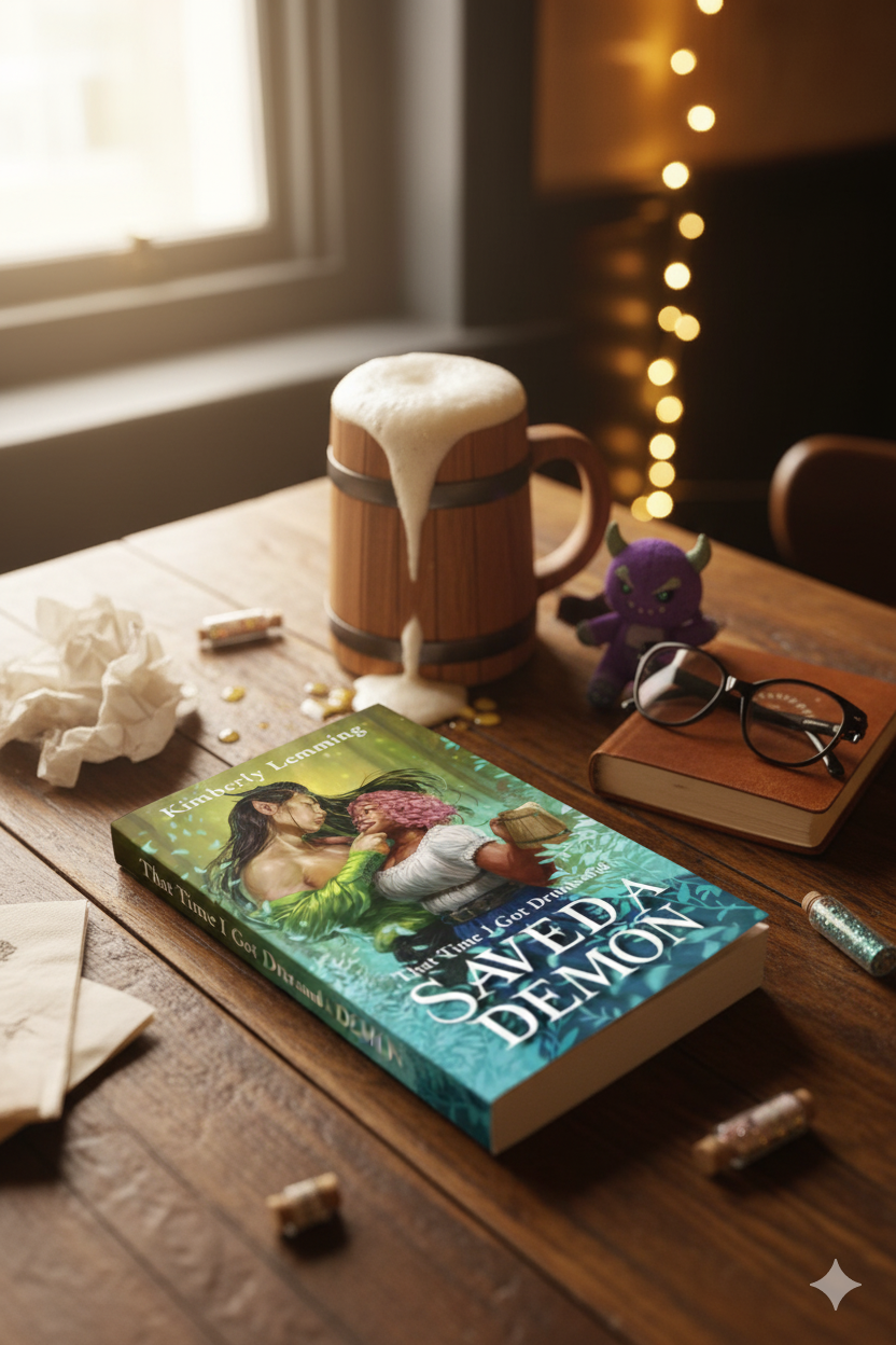 Book titled 'Saved by a Demon' on a wooden table with a mug and glasses.
