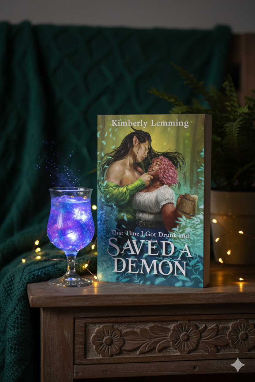 Book titled 'Saved a Demon' by Kimberly Lemming on a wooden surface with a mystical glass.