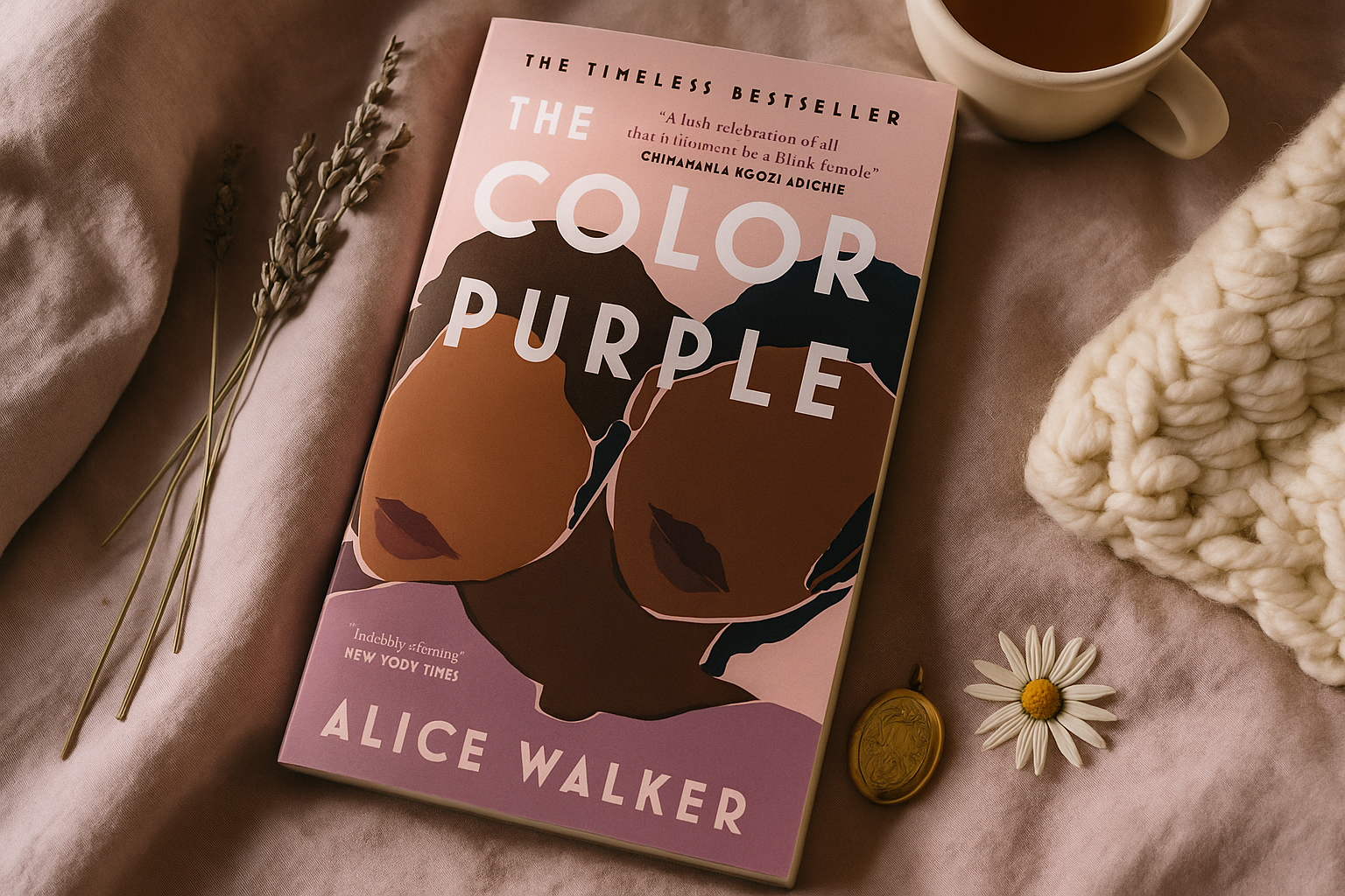 Book titled 'The Color Purple' by Alice Walker on a soft surface with a cup of tea, flowers, and a coin.