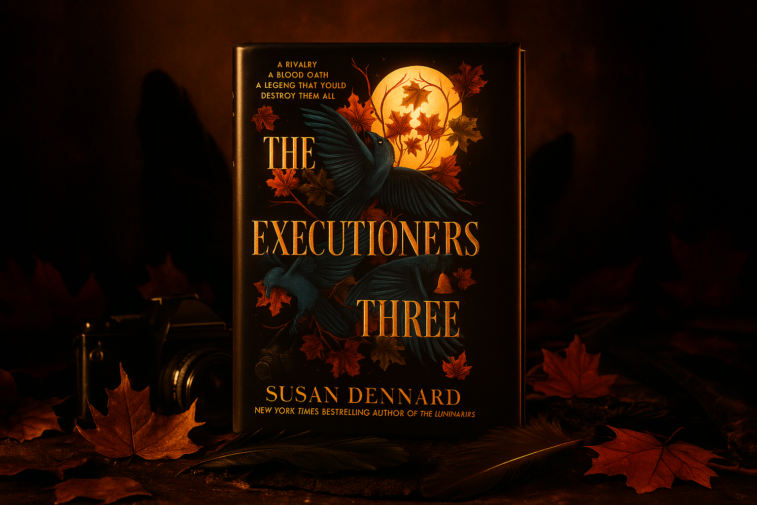Book titled 'The Executioners Three' by Susan Dennard with a dark, leafy background