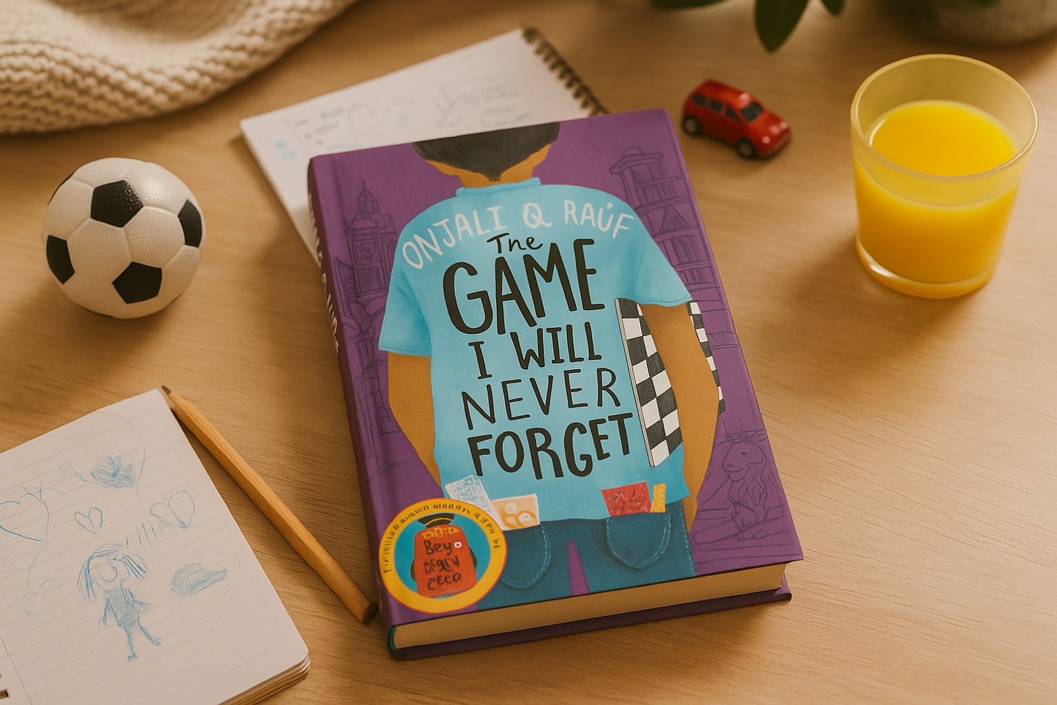 Book titled 'The Game I Will Never Forget' on a table with a soccer ball, notebook, and glass of juice.