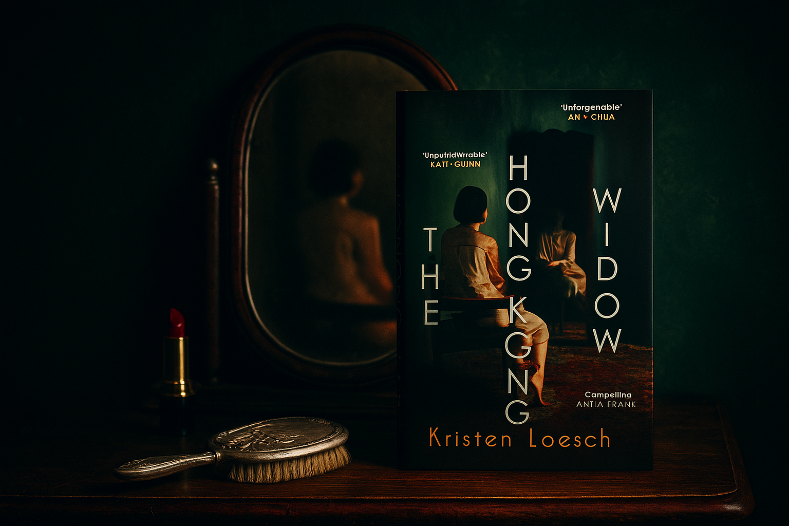 Book titled 'The Hong Kong Widow' by Kristen Loesch on a dark surface with a mirror and brush.