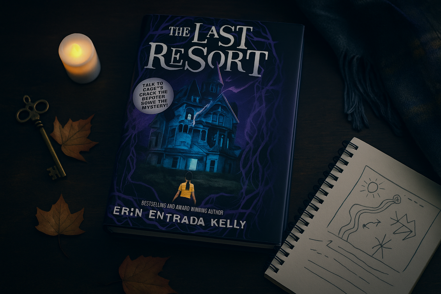 Book titled 'The Last Resort' by Erin Entrada Kelly with a candle and key on a dark surface