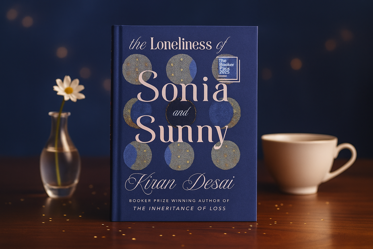 Book titled 'The Loneliness of Sonia and Sunny' by Kiran Desai on a wooden surface with a flower and cup in the background.