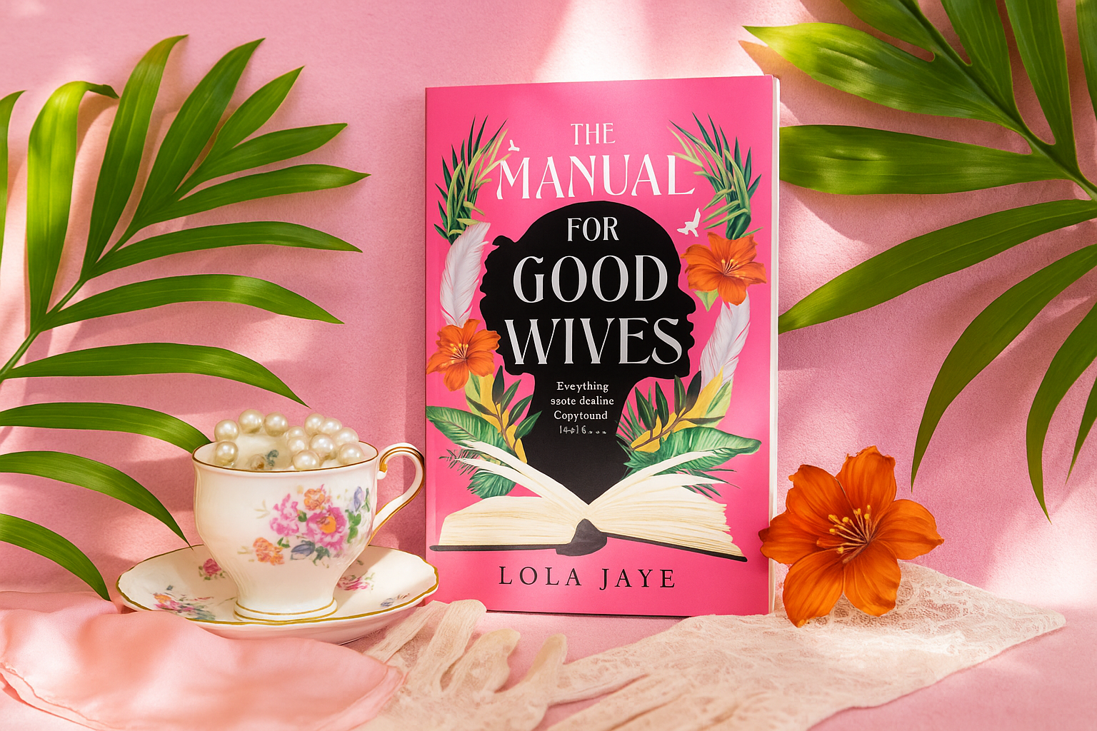 Book titled 'The Manual for Good Wives' by Lola Jaye on a pink background with a teacup and flowers.