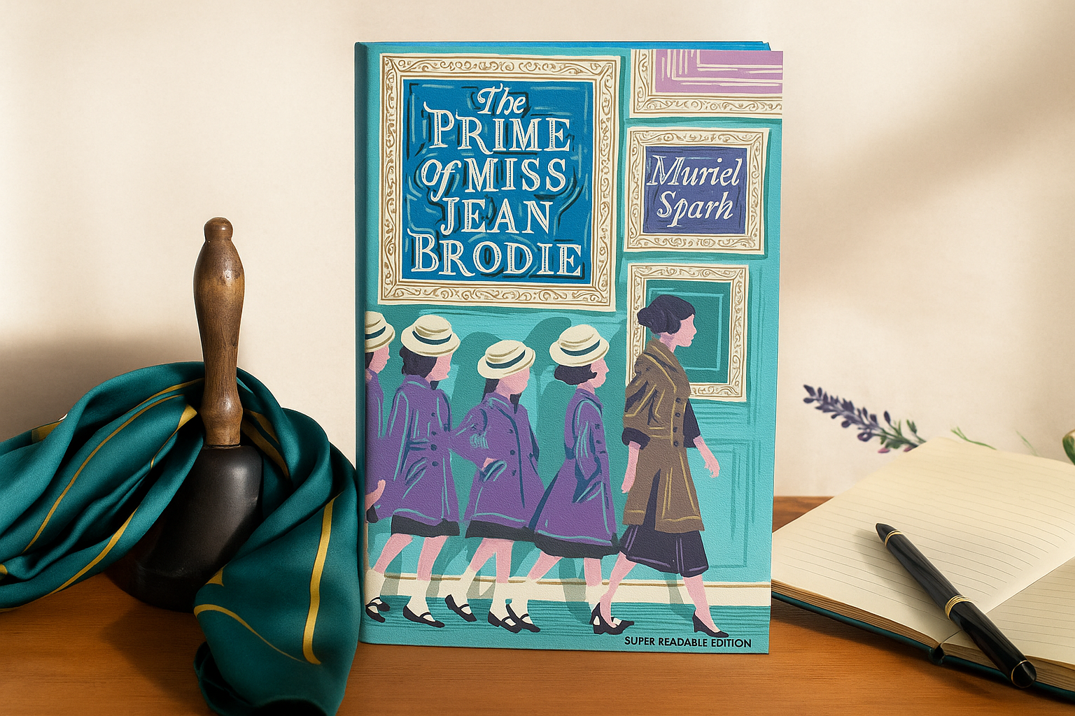 Book titled 'The Prime of Miss Jean Brodie' by Muriel Spark on a wooden surface with a pen and green fabric.