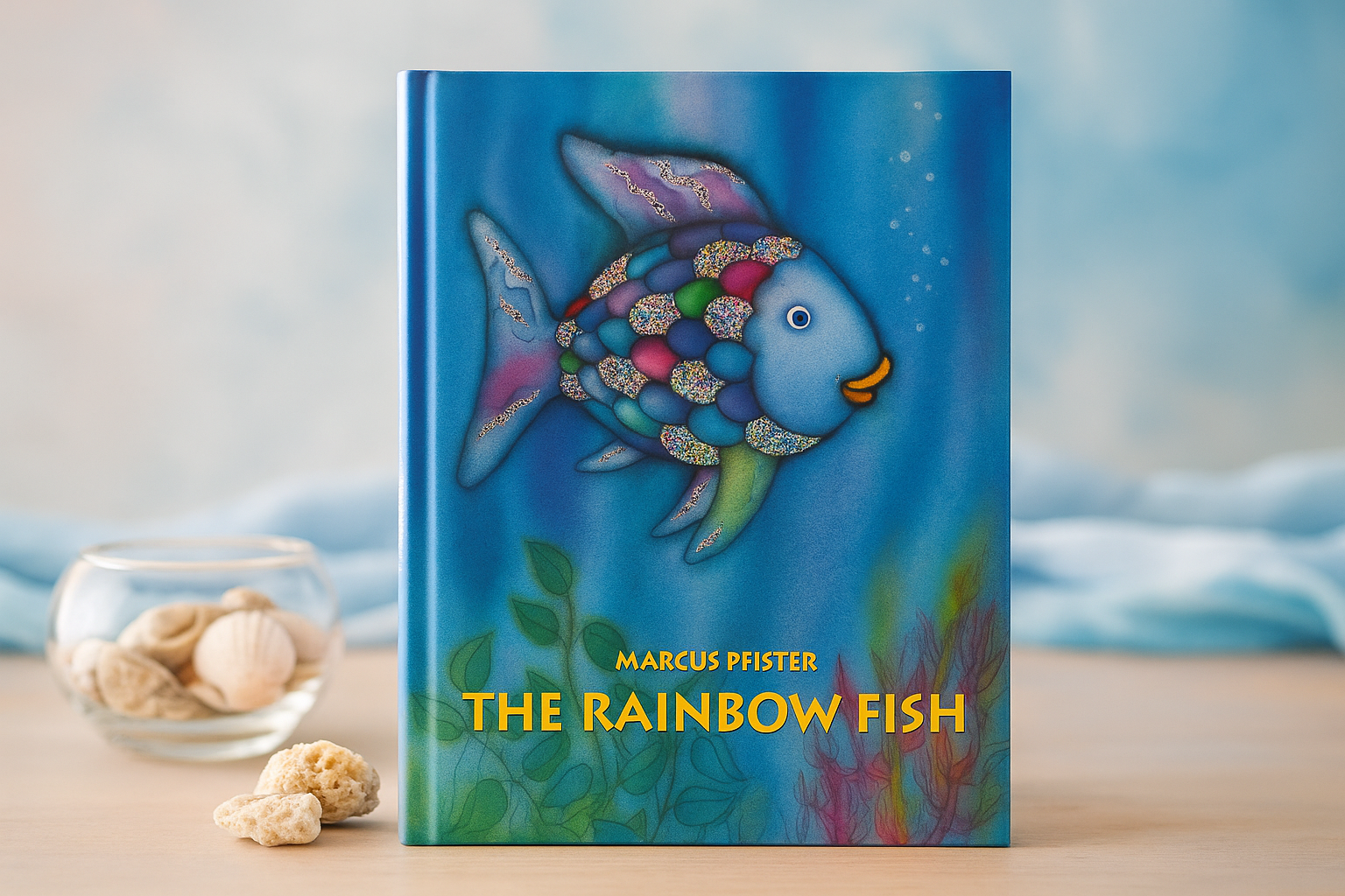 Book titled 'The Rainbow Fish' by Marcus Pfister with a colorful fish illustration on a blue background.