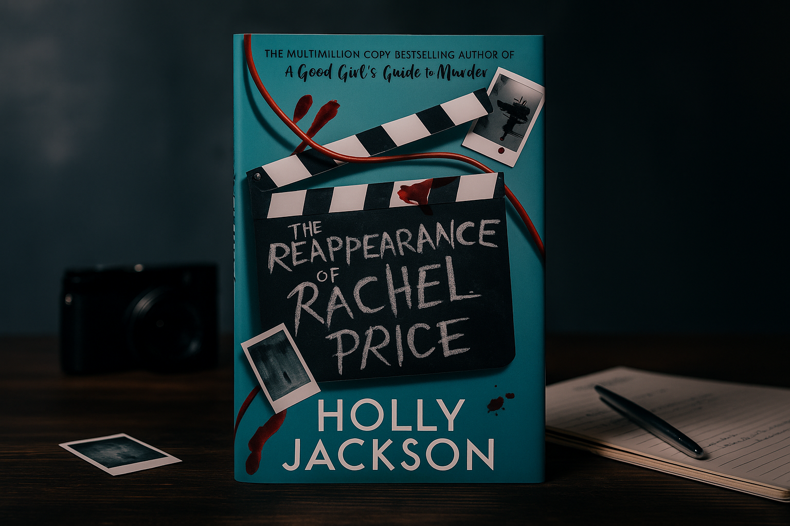 Book titled 'The Reappearance of Rachel Price' by Holly Jackson on a dark background with clapperboard design.