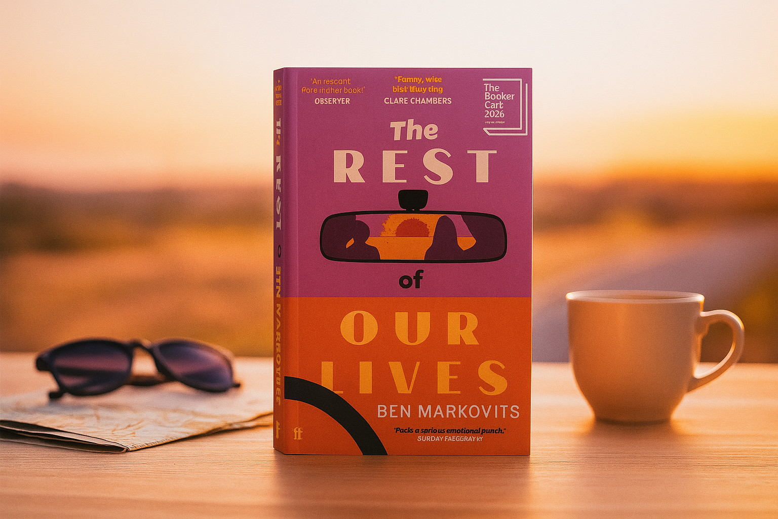 Book titled 'The Rest of Our Lives' by Ben Markovits on a table with a sunset background.