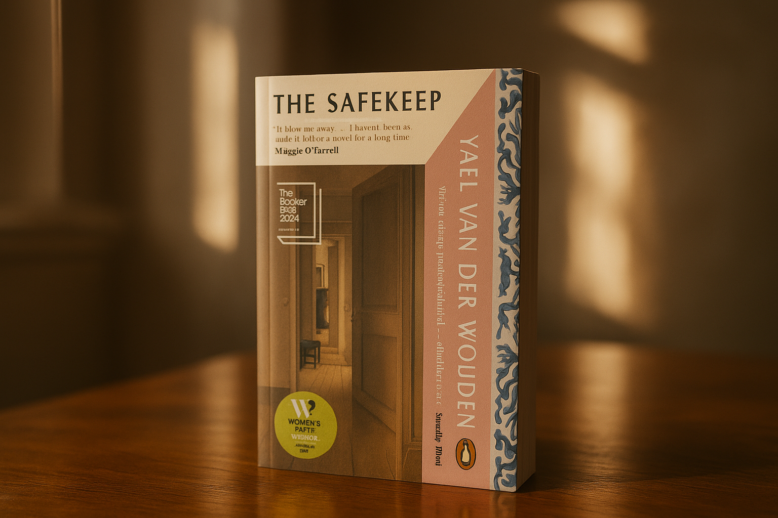 Book titled 'The Safekeep' by Yael van der Wouden on a wooden surface with soft lighting.
