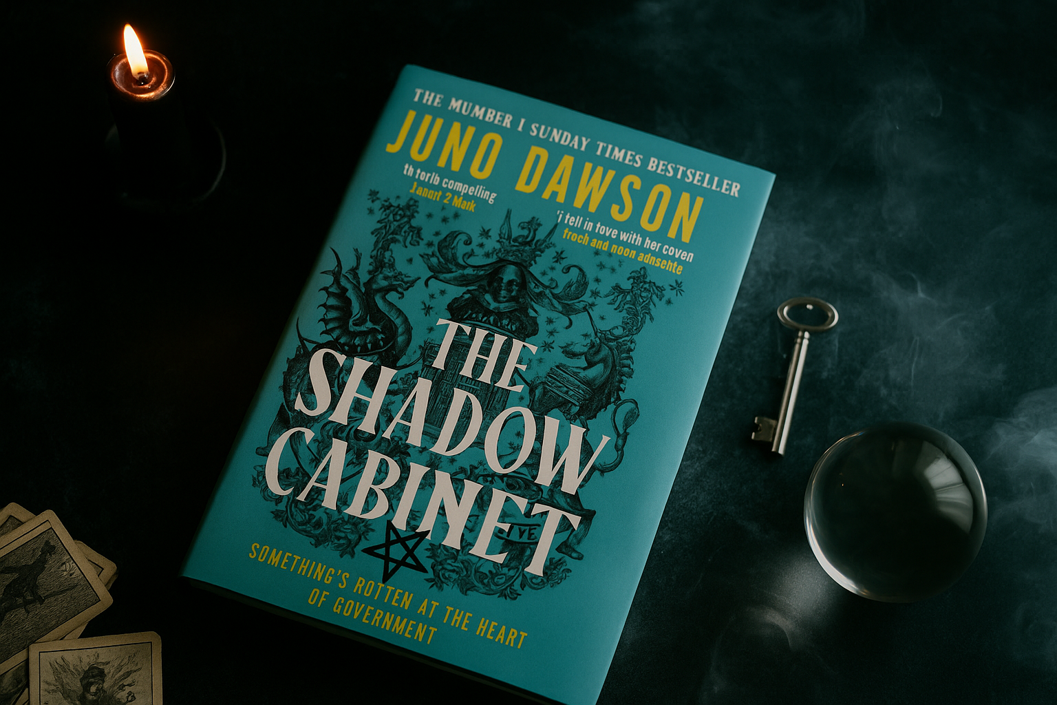 Book titled 'The Shadow Cabinet' by Juno Dawson on a dark surface with a candle and key.
