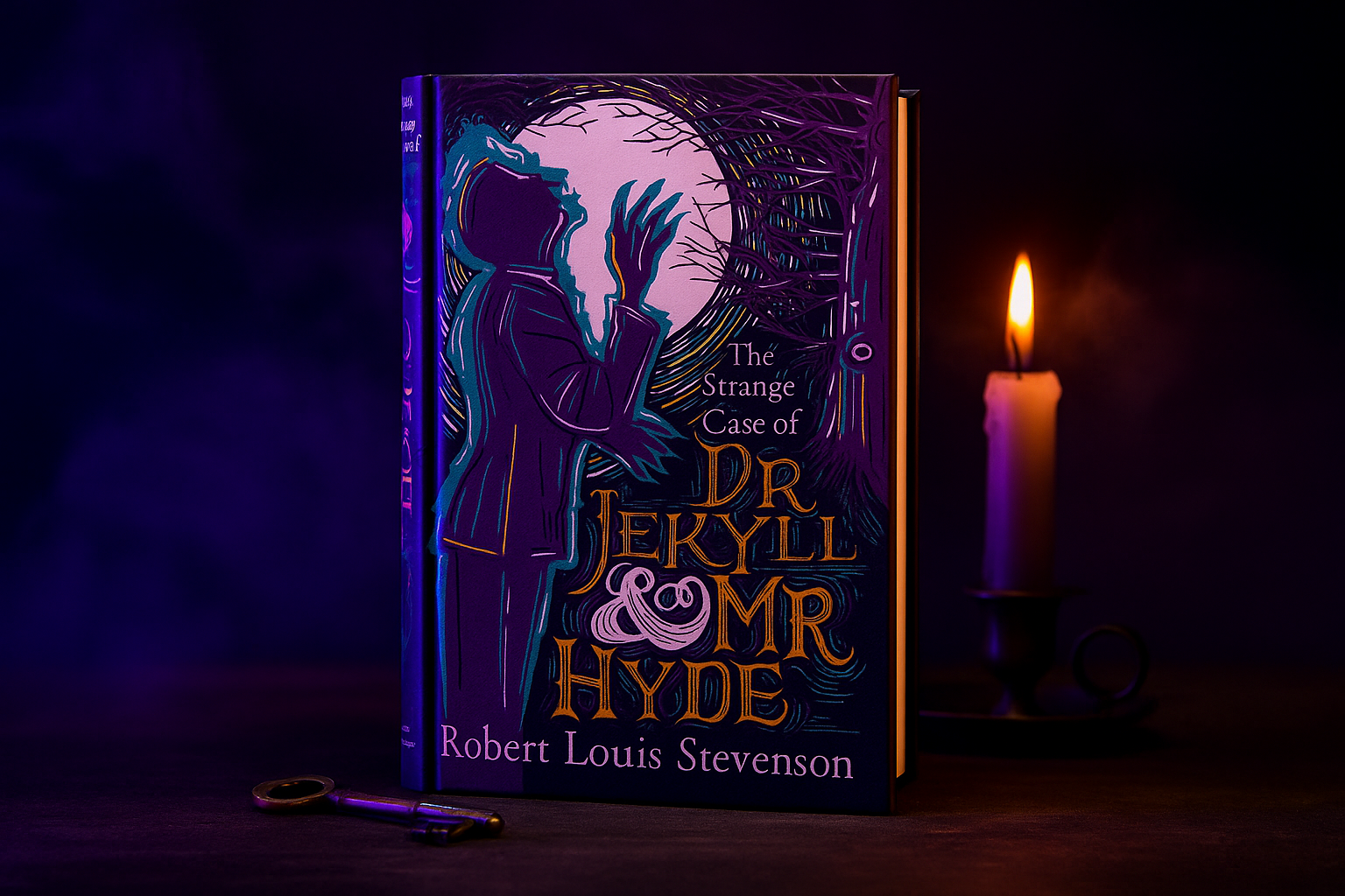 Book titled 'The Strange Case of Dr. Jekyll & Mr. Hyde' with a silhouette design on a dark background.