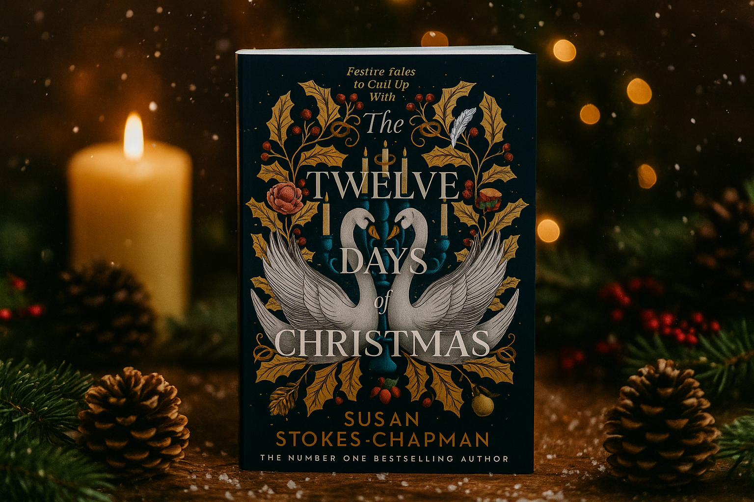 Book titled 'The Twelve Days of Christmas' by Susan Stokes-Chapman with festive decorations and a candle in the background.