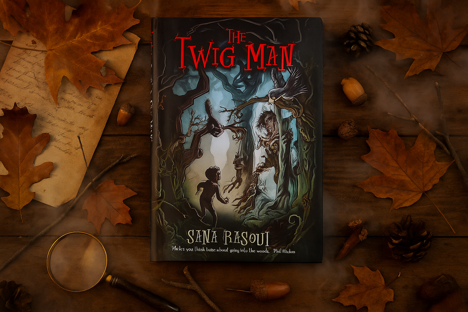 Book titled 'The Twig Man' by Sina Rasouli on a wooden surface with autumn leaves and a magnifying glass.
