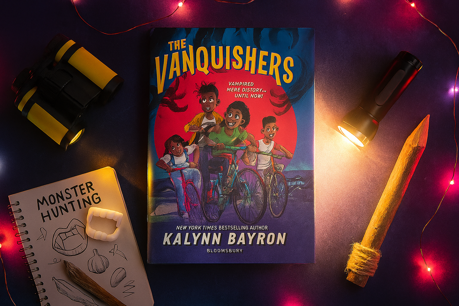 Book titled 'The Vanquishers' by Kalynn Bayron with a notebook, flashlight, and pencil on a dark background with string lights.