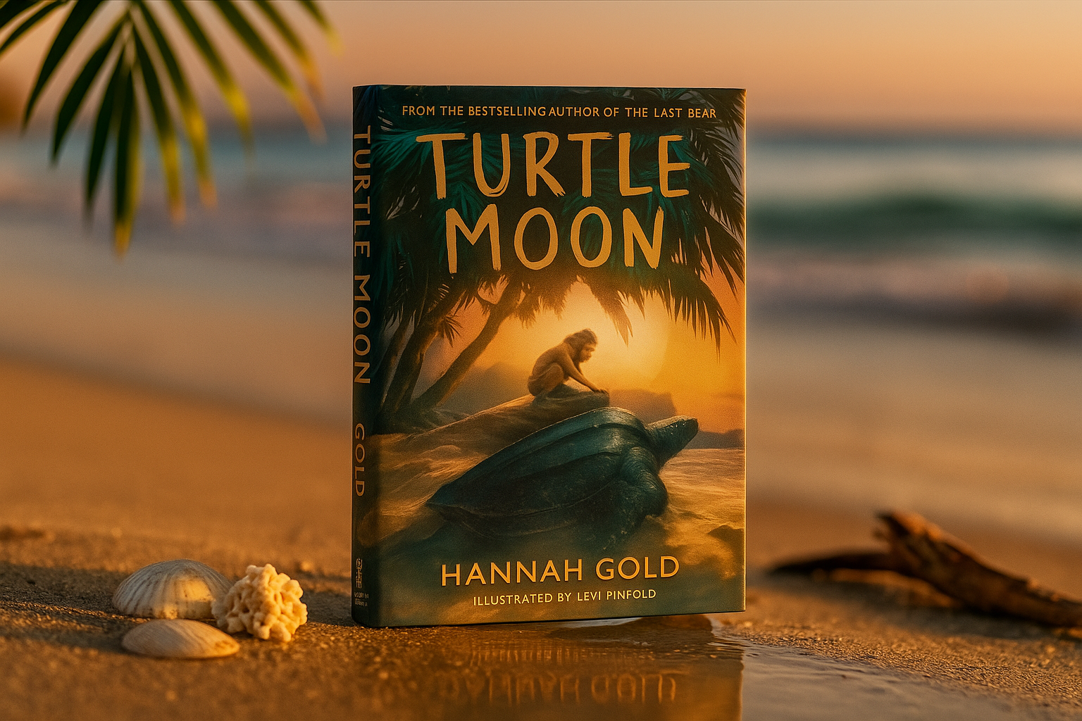 Book titled 'Turtle Moon' by Hannah Gold on a beach with palm leaves and shells.