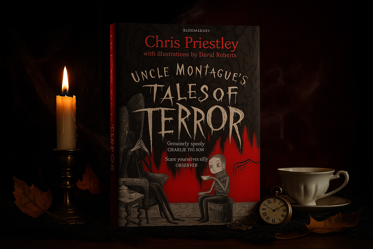 Book titled 'Uncle Montague's Tales of Terror' by Chris Priestley with a candle and tea cup on a dark background.