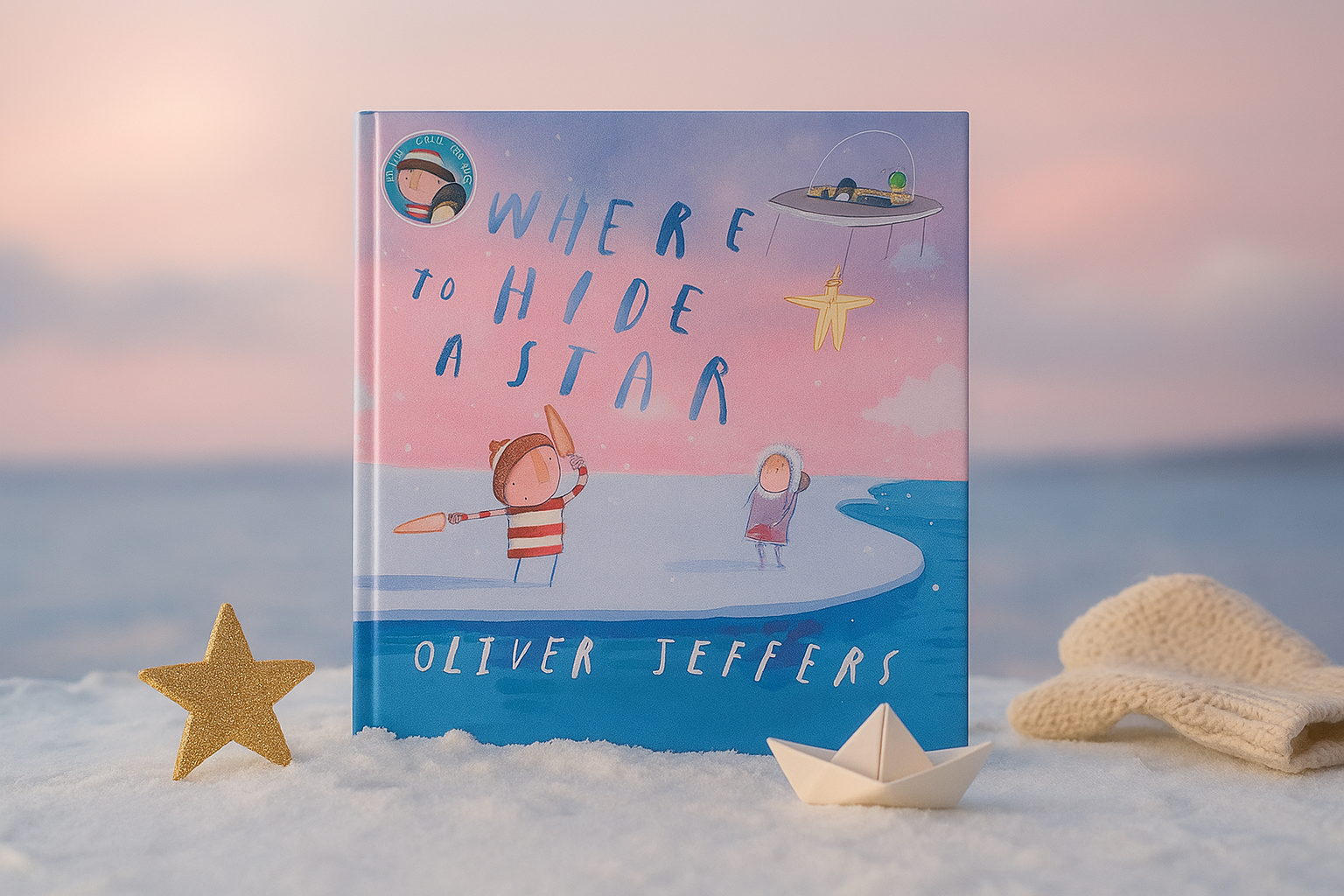 Book titled 'Where to Hide a Star' by Oliver Jeffers on a beach with star and paper boat decorations.