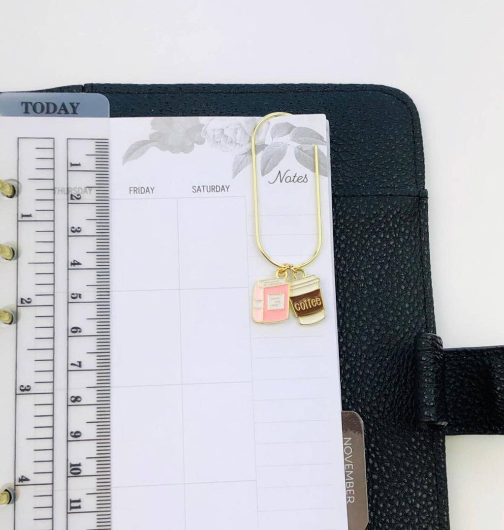 Pink Book And Coffee Charm Book Paperclip, Bookish Bookmark