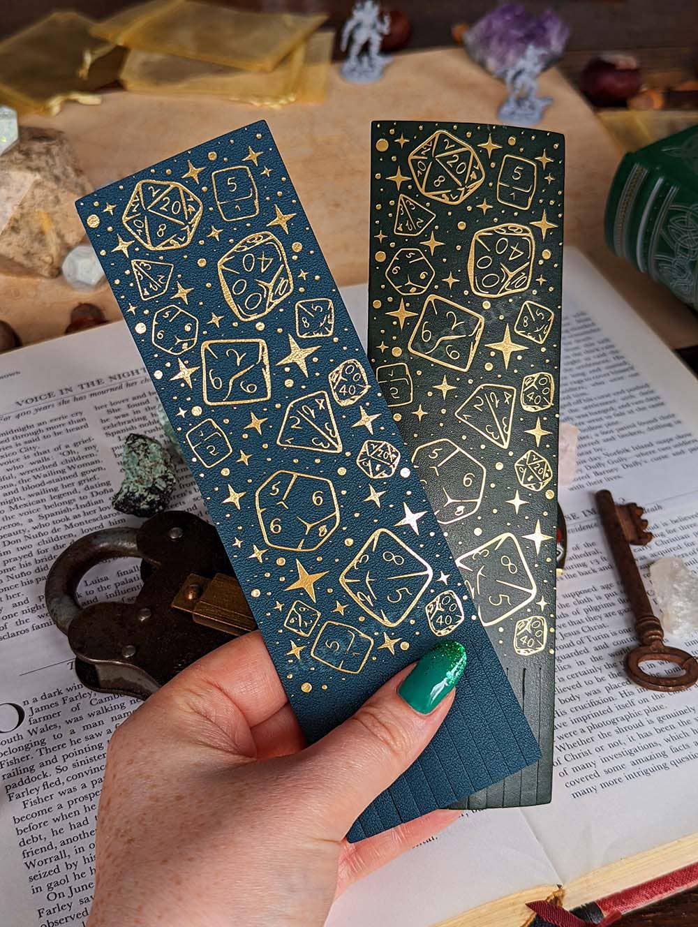 Dungeons Dice Pattern Bookmark- Gold Foil - Vegan Leather