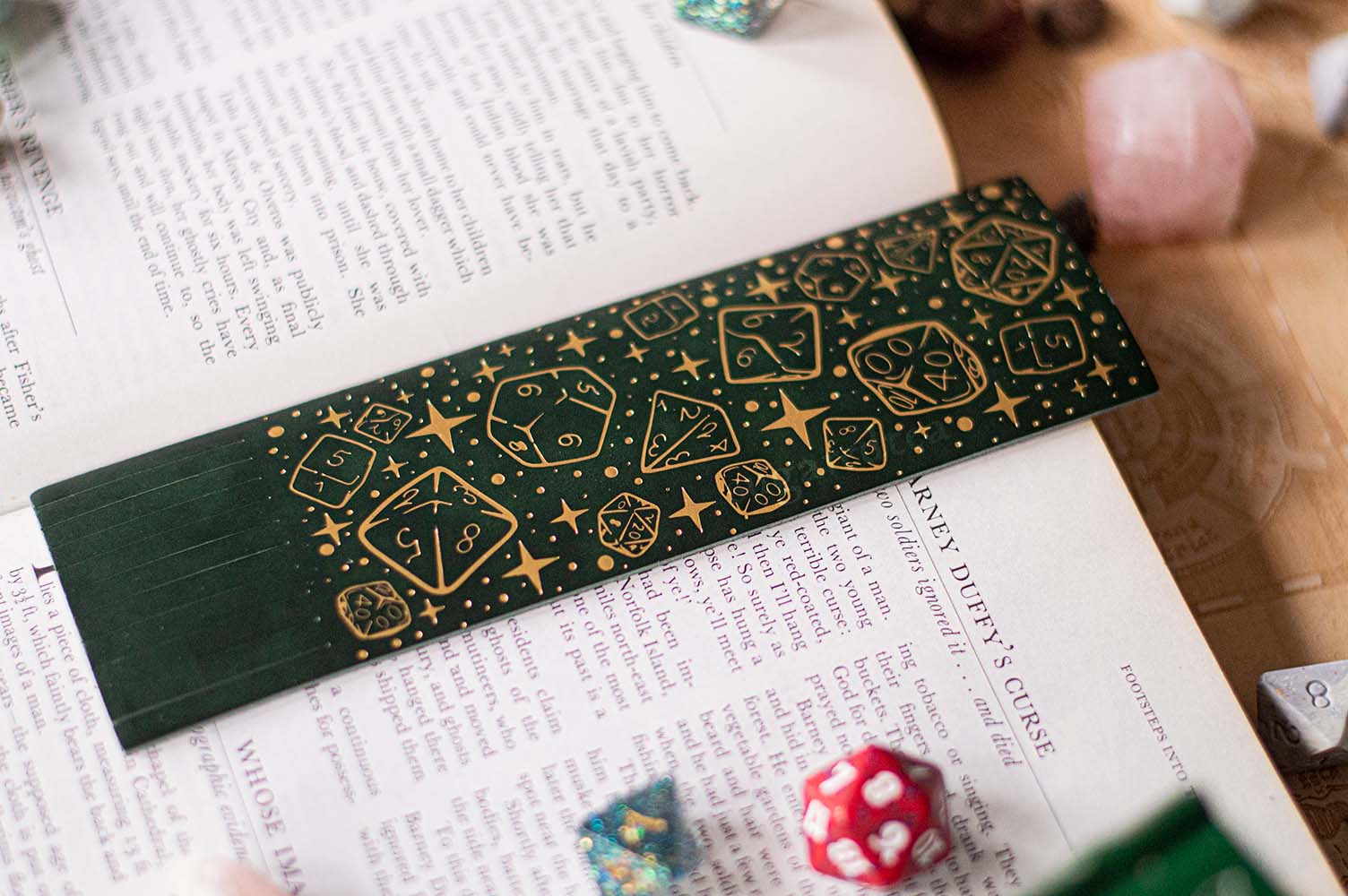 Dungeons Dice Pattern Bookmark- Gold Foil - Vegan Leather