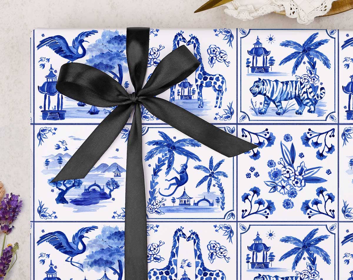 Gift Wrap | Blue Porcelain Tiles Animal Wrapping Paper Sheet